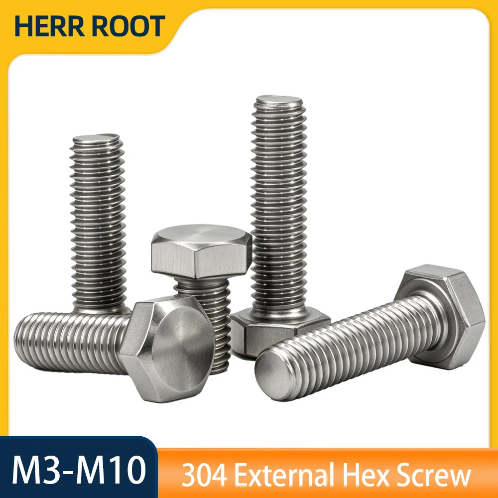 5/10/20/30pcs M3 M4 M5 M6 M8 M10 DIN933 304 Stainless Steel Hexagon Head Bolt Full Thread External Hex Hexagon Head Screws