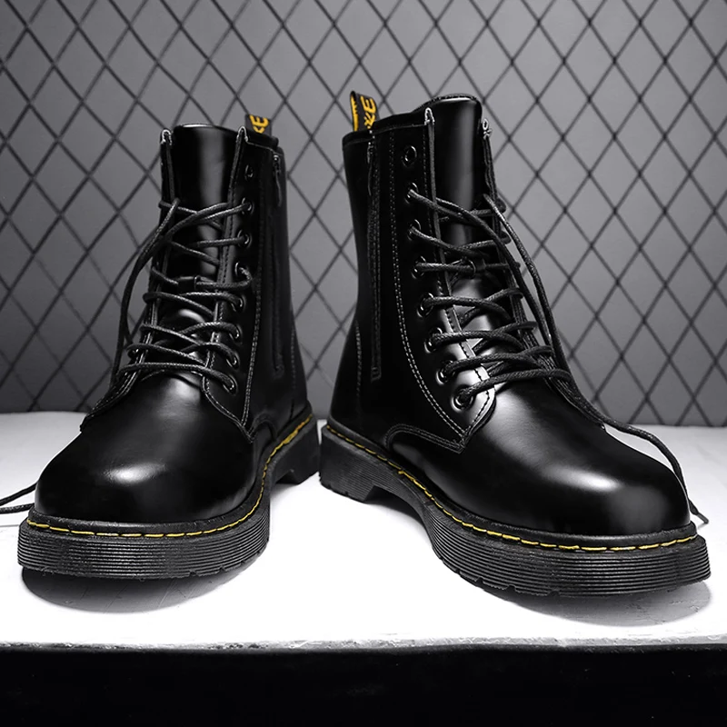 Leather Boots Man Autumn Winter High Top Classic Basic England Black Men\'s Biker Boot Fashion Young Waterproof Trendy All-match