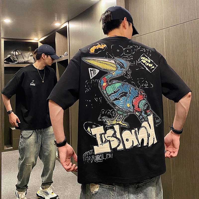 

Motorcycle High-Definition Design Graffiti Printed Short-Sleeved Men's Summer Handsome Loose Street Style