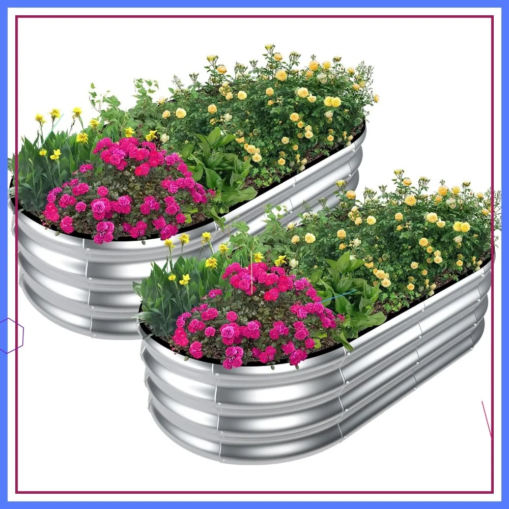 

2-Pack Oval Metal Raised Garden Bed, 4x2x1ft Outdoor Planter Box for Vegetables and Plants, Silver