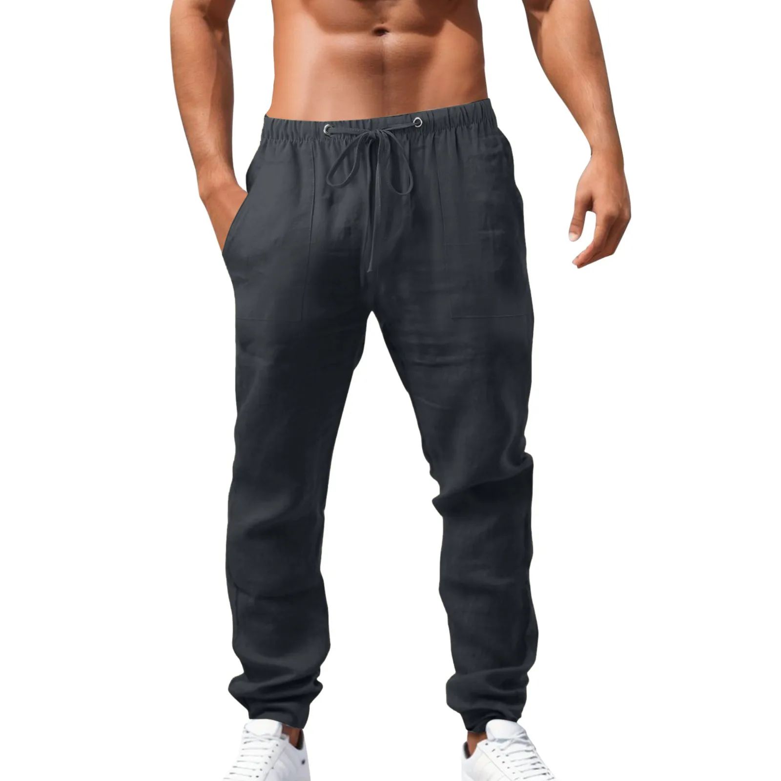 

Men Wide Leg Pants Cotton Linen Sweatpants Spring Summer Drawstring Elastic Waist Hip Hop Breathable Comfy Loose Sports Pants