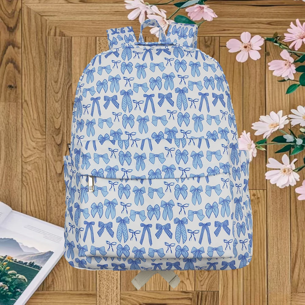 

Baby Kids Sky Blue Bows Plaid Zipper School Back Bags 13*5*17 inches