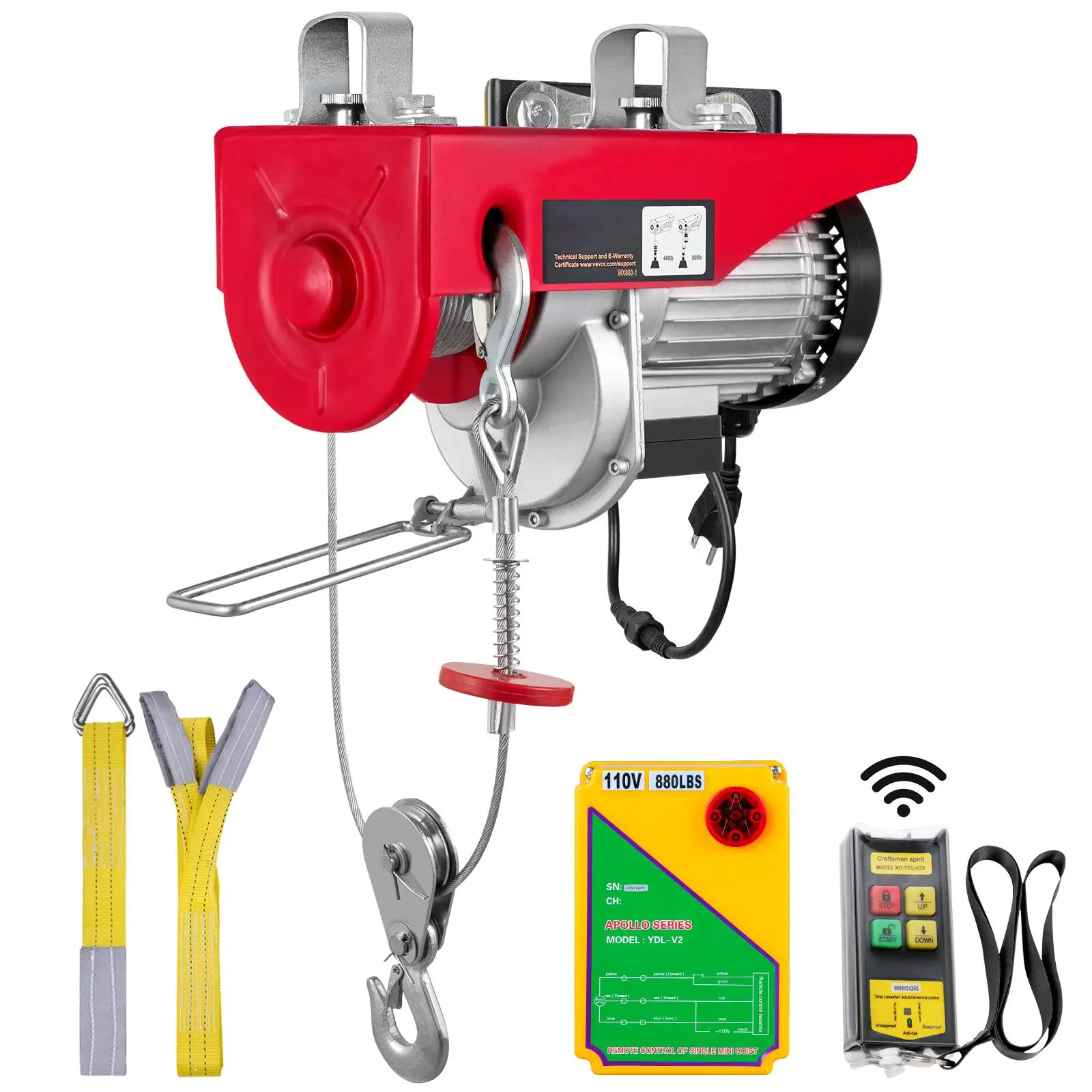 110V Wireless Electric Wire Rope Hoist 440 lbs Capacity 40ft Lift Height Steel Cable Winch with Remote Control Pure Copper Motor for garage Warehouse Factory