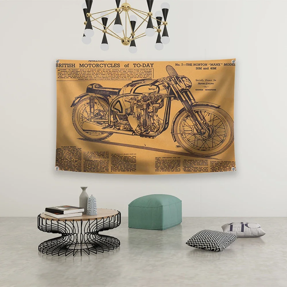 Motorcycle Structure Diagram Banner Flag  British Norton Motor Oil Art Decor Design Vintage  Chart Garage Pub Club Bar Study