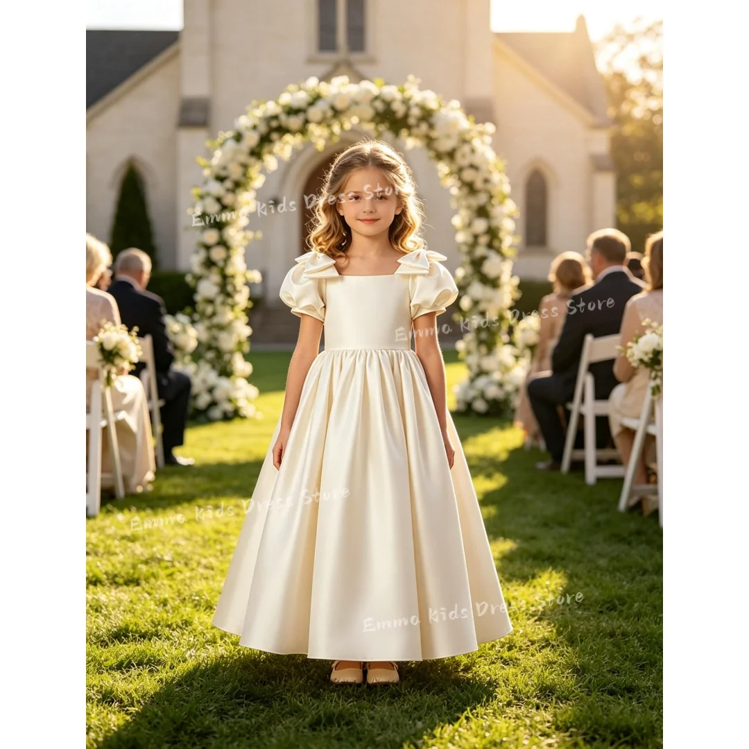 Custom Ivory Flower Girl Dress Satin Square Neck Bow Shoulder Puff Sleeve A-Line Gown for Wedding Communion Kids