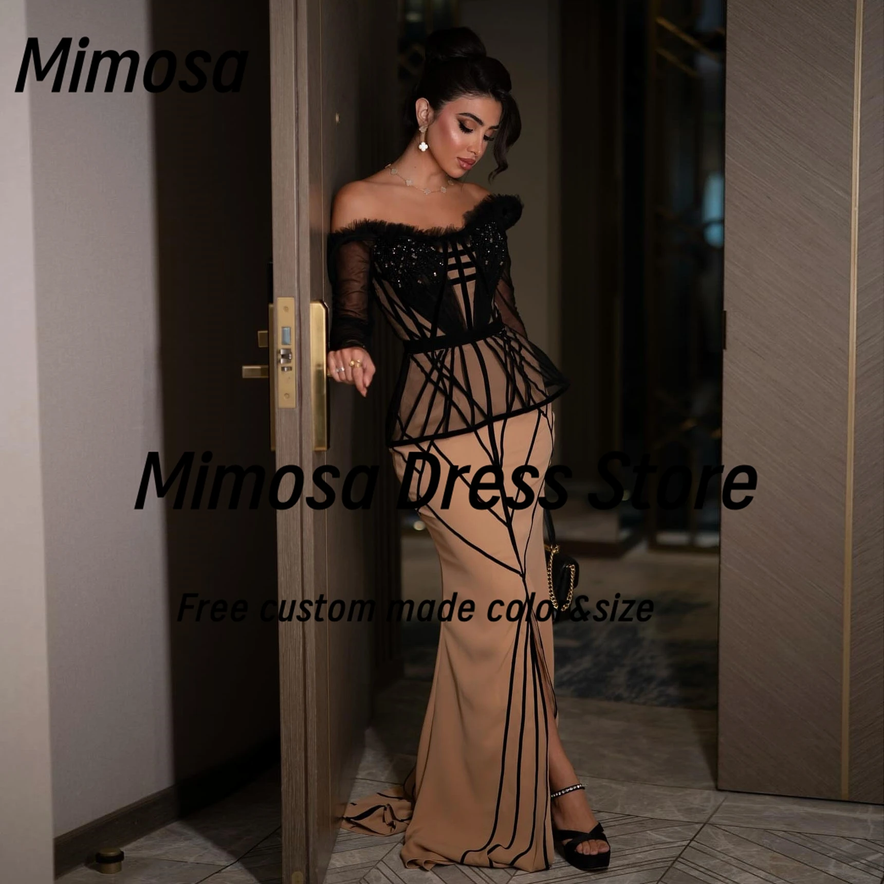 ميموزا فساتين لحضور الحفلات الموسيقية بألوان متباينة مكشكشة مطرز بأكمام طويلة فساتين سهرة بفتحة أمامية مناسبة مخصصة للحفلات