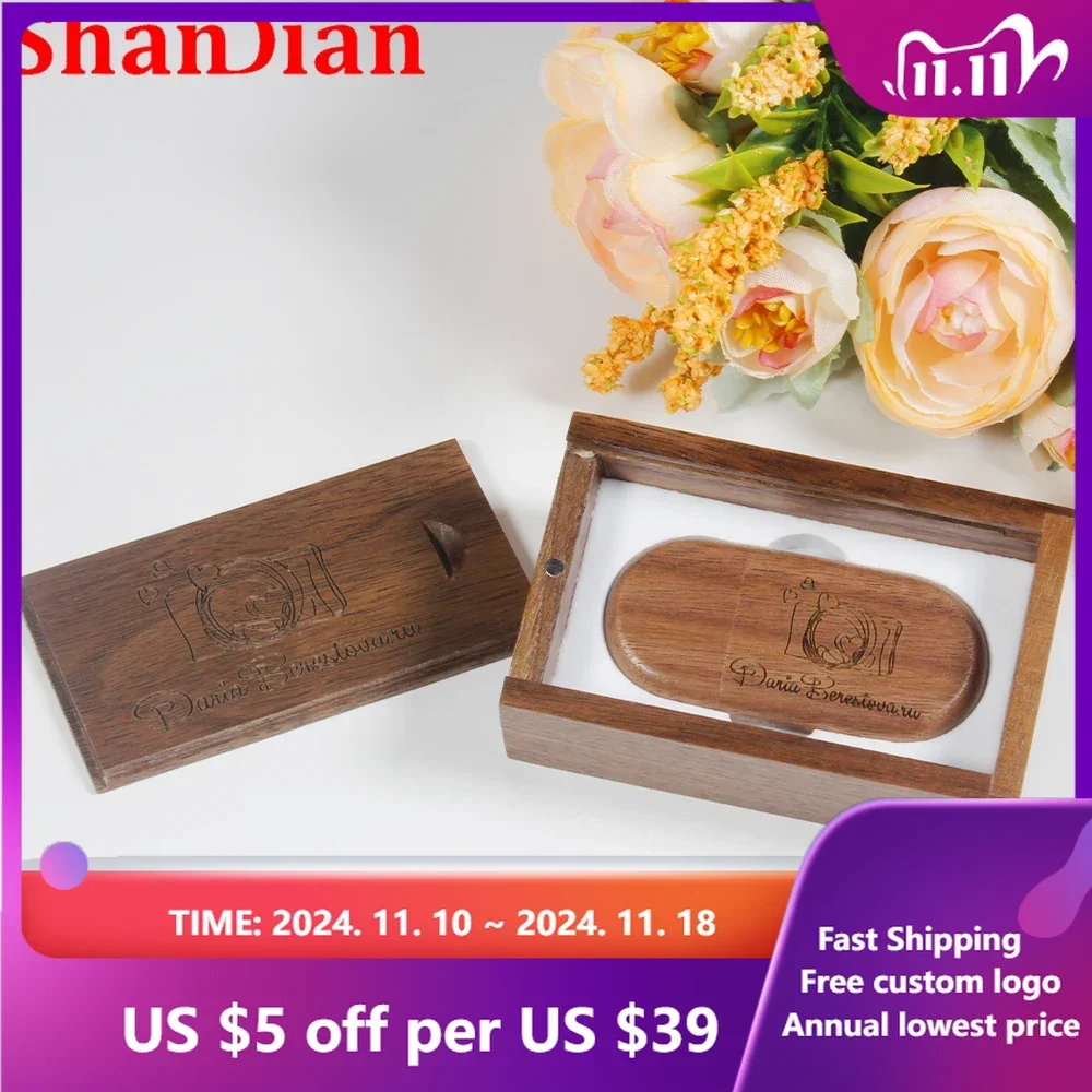 SHANDIAN USB 2.0  64GB Flash Drive free custom logo walnut wooden usb+box Pen Drives Memory stick 32GB photography wedding gift