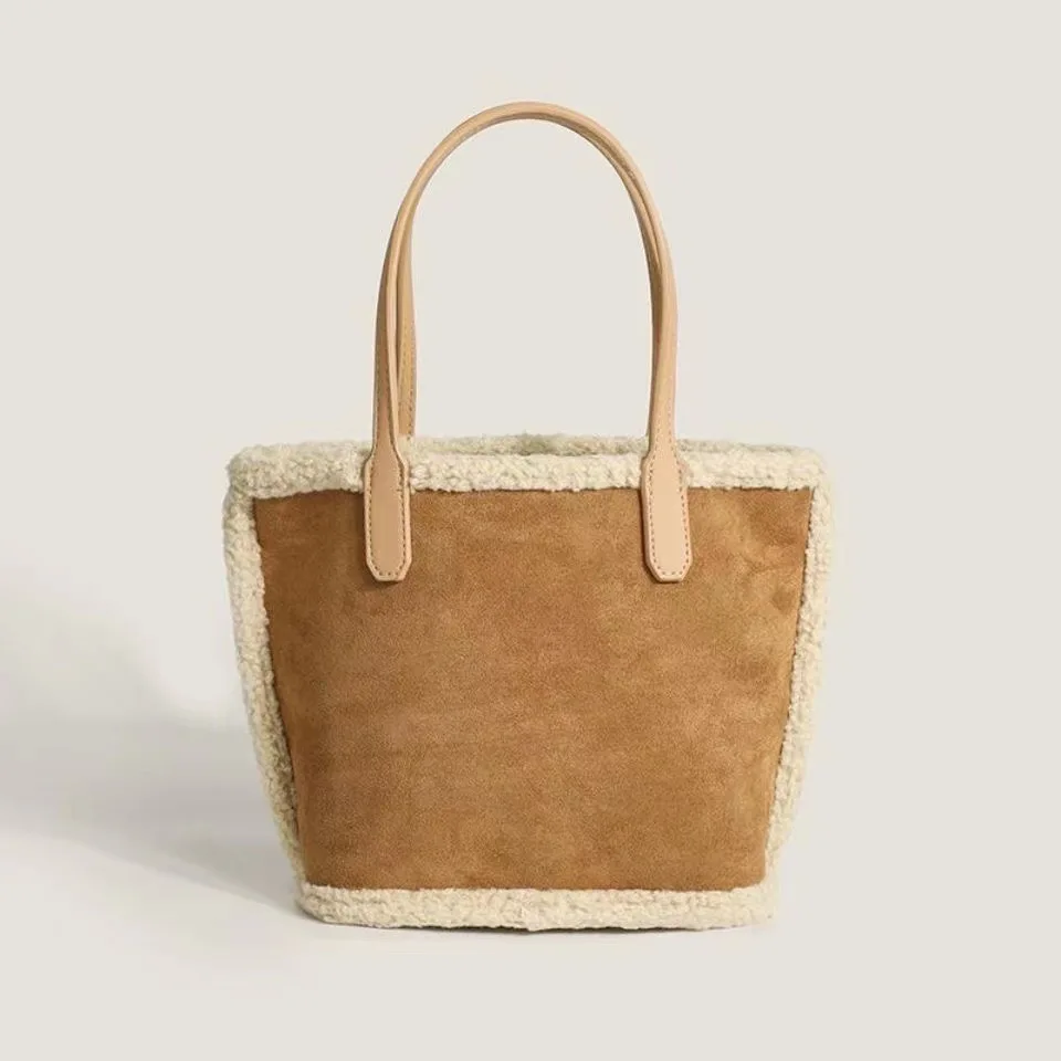 Vintage Lamb Wool Handbags for Women Winter Fashion Versatile Square Tote Bags Solid Color Lady Commuting Composite Bags