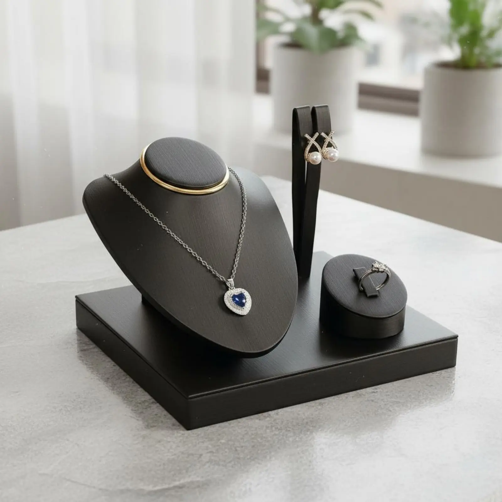 

Necklace Earring Display Bust Faux Leather Finish Mannequin Bust Earring Display Stand Multi-Piece Set Stor-E Showcase Design