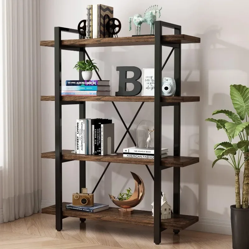 

4 Tier Bookshelf Solid Wood Bookcase and Book Shelves Wood and Metal Shelving Rustic Open Bookshelf Office,Distressed