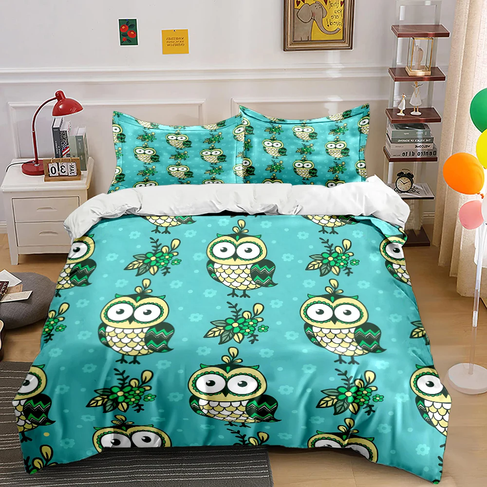 Cartoon owls with floral background Print Bedding Set 1 Duvet Cover 2 Pillowcases for Adult and Children Luxury Gift Full Size