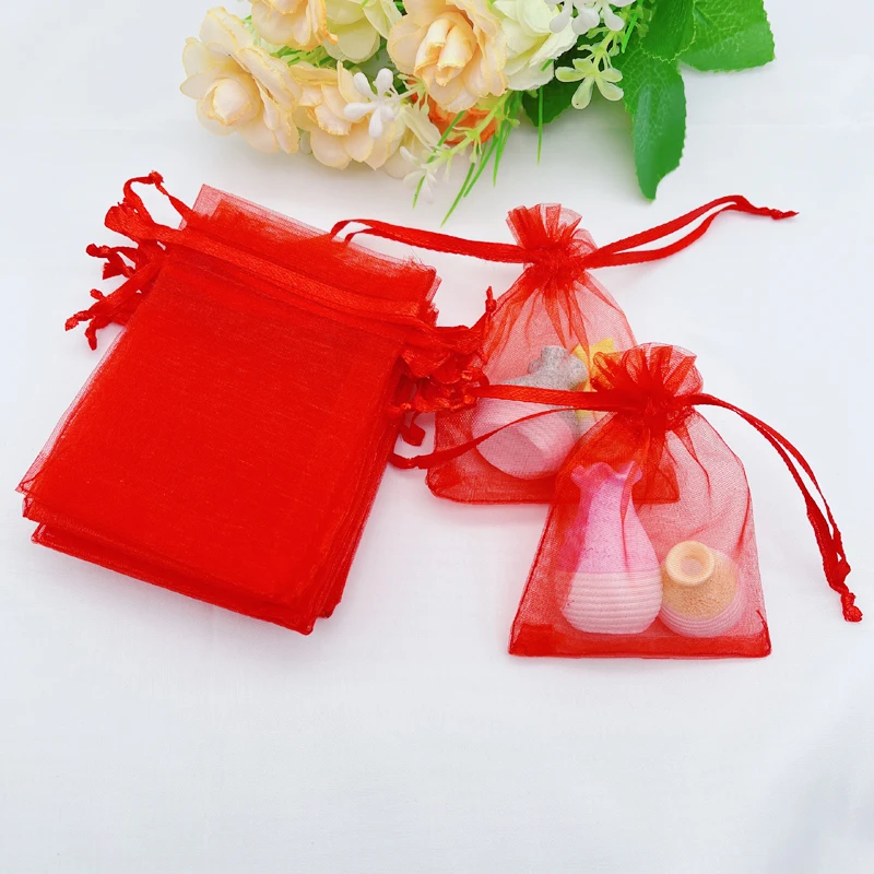 Reusable Organza Bags with Drawstring, Mesh Pouch, Gift Bags, Wedding Packaging, Jewelry Storage, Red, 100Pcs