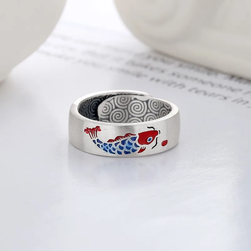 822FJ ZFSILVER Silver S990 Fashion Luxury Trendy Adjustable Retro Red Color Enamel Carp Fish Ring For Girl Women Wedding Jewelry