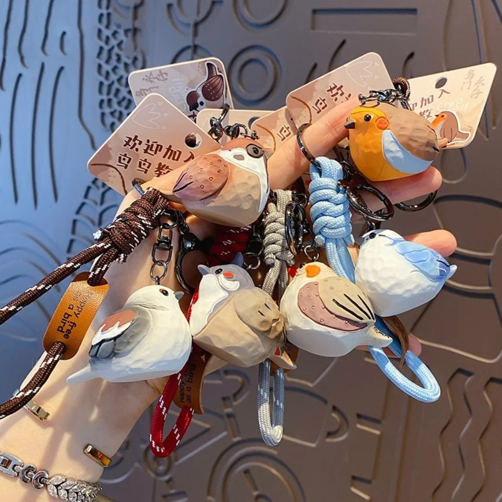 Cartoon Imitation Wood Carving Keychain Kawaii Grey Blue Tit Animal Key Ring Tree Sparrow Original Design Pearl Bird Keychain