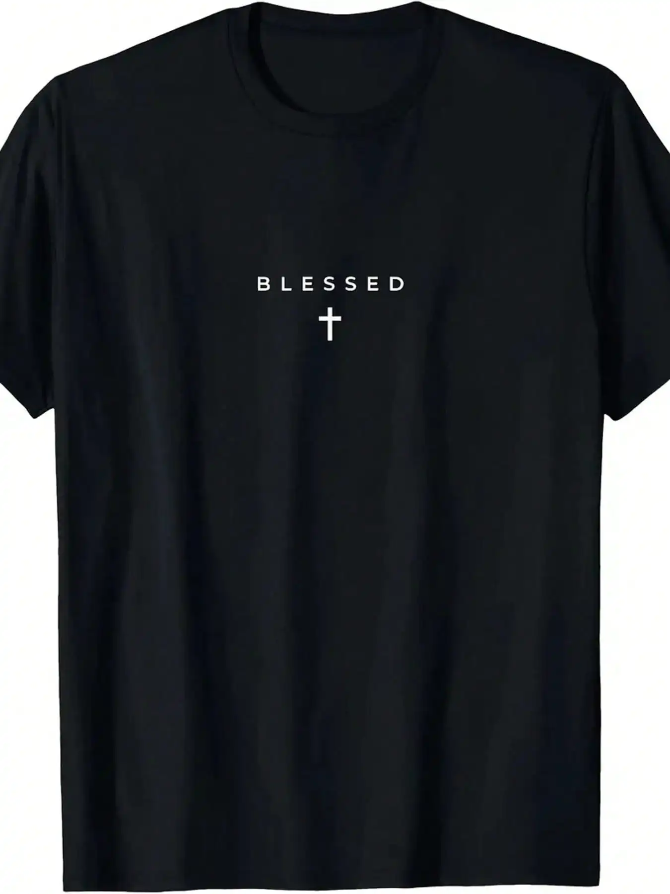 Single Piece Men’s Square Neck Short Sleeve T-Shirt, 100% Pure Cotton, Minimalist Subtle Christian Religious Belief Letter Print Tee, Retro Streetwear Casual Fashion Top, Holiday Gift