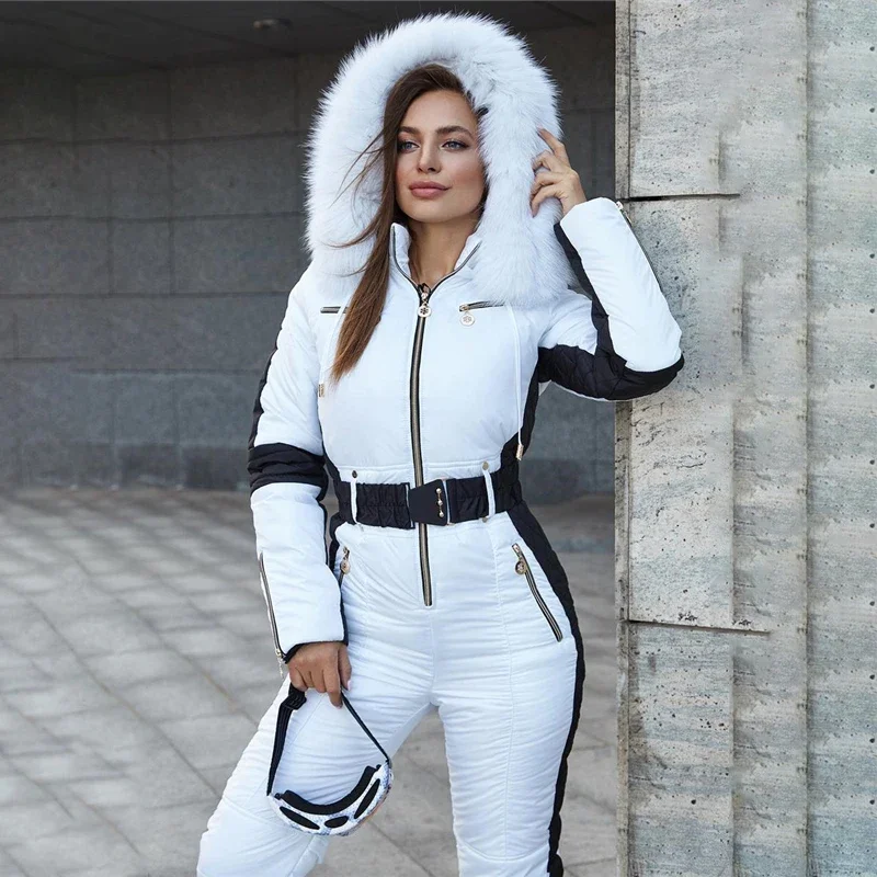 Women's Hooded Jumpsuits Parka Cotton Padded Warm Sashes Ski Suit Straight Zipper One Piece Casual Tracksuits Fashion New Winter