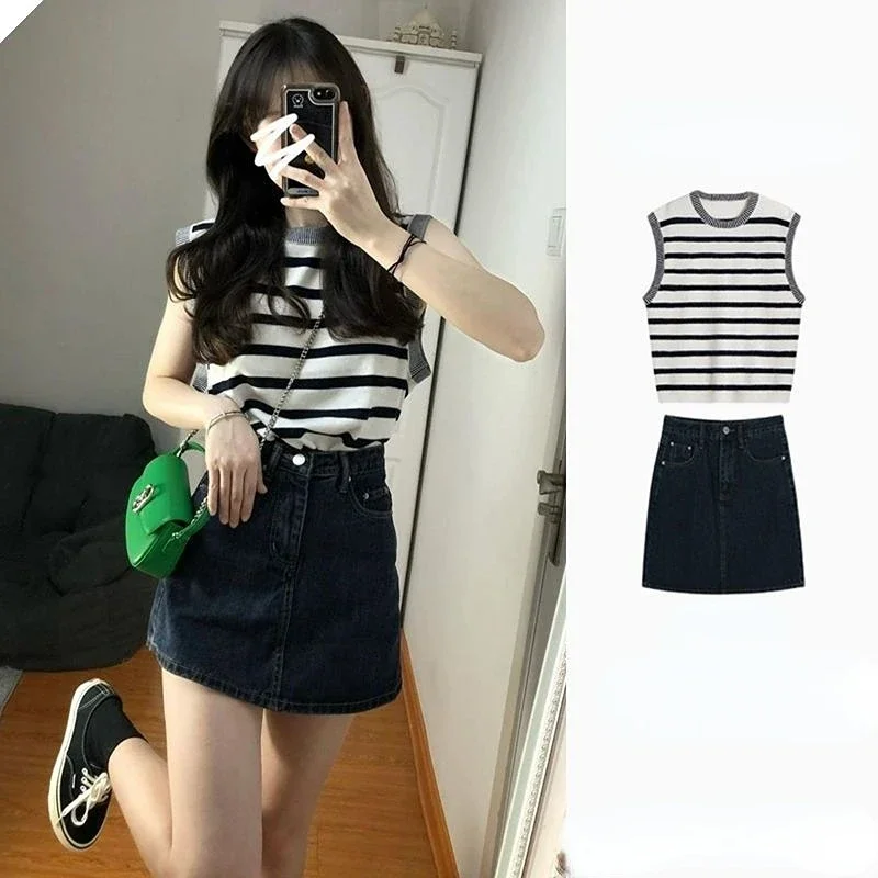 2023 Summer Sweet Light Mature Age Reduction Small Wear Set Denim Half Body Mini Skirt Pants Striped Top Two-piece Y2K