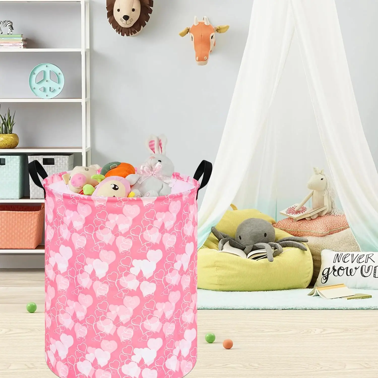 Pink Heart Pattern Laundry Hamper - Cute Style Decorative Storage Basket with Handles, Ideal for Bedroom & Bathroom, Foldable