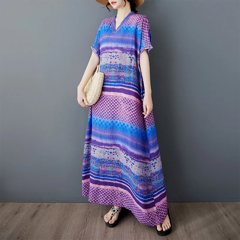 فضفاض مخطط على شكل حرف V دكتور للنساء مقاس كبير في منتصف العمر والأمهات Sle مزيج من القطن والكتان صيفي طويل Sve Dr #4