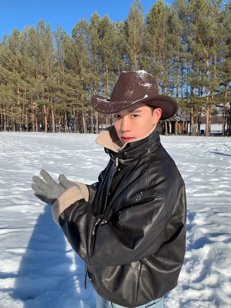 

RE American Sle Lamb Collar Leather Jaet Cotton Coat ex Winter Casual Versatile Warmth Outerwear for Teens