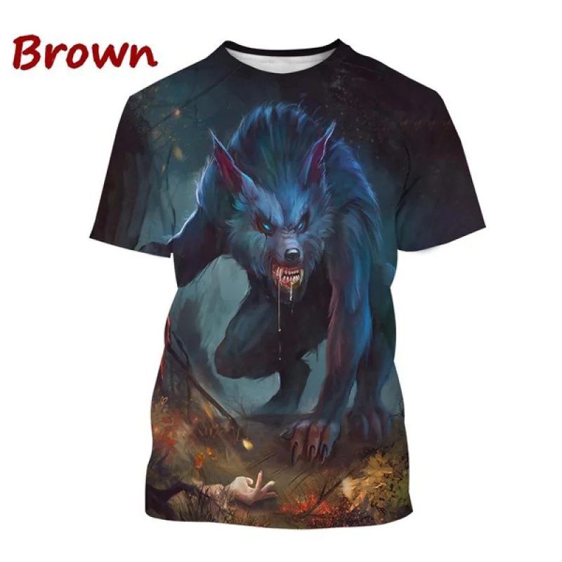 Werewolf 3D Printing T-Shirt Orc Wolf Round Neck Short Sleeve Animal Pattern Wolf Tee