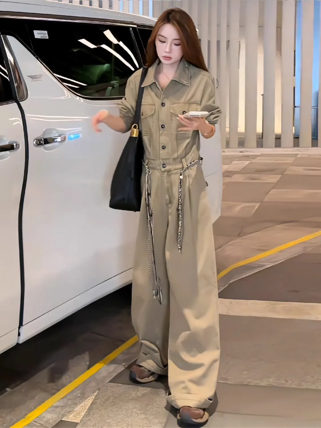 

American Retro Street Sle Women's Autumn Winter High Waist Workwear Jumpsuit Slim Fit Jeans Wide Leg Pants Faionable