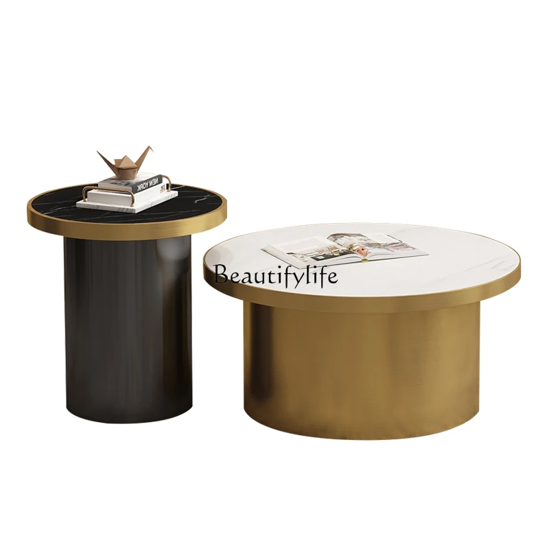 

Light luxury rock slab coffee table fashionable round stainless steel mini creative small side table