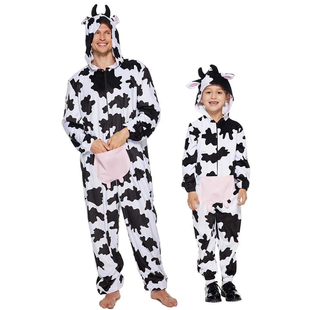 Snailify Family Cute Cow Pajamas Adult Halloween Animal Costume Child Sleepwear Hooded Carnival Party Purim Dress Up