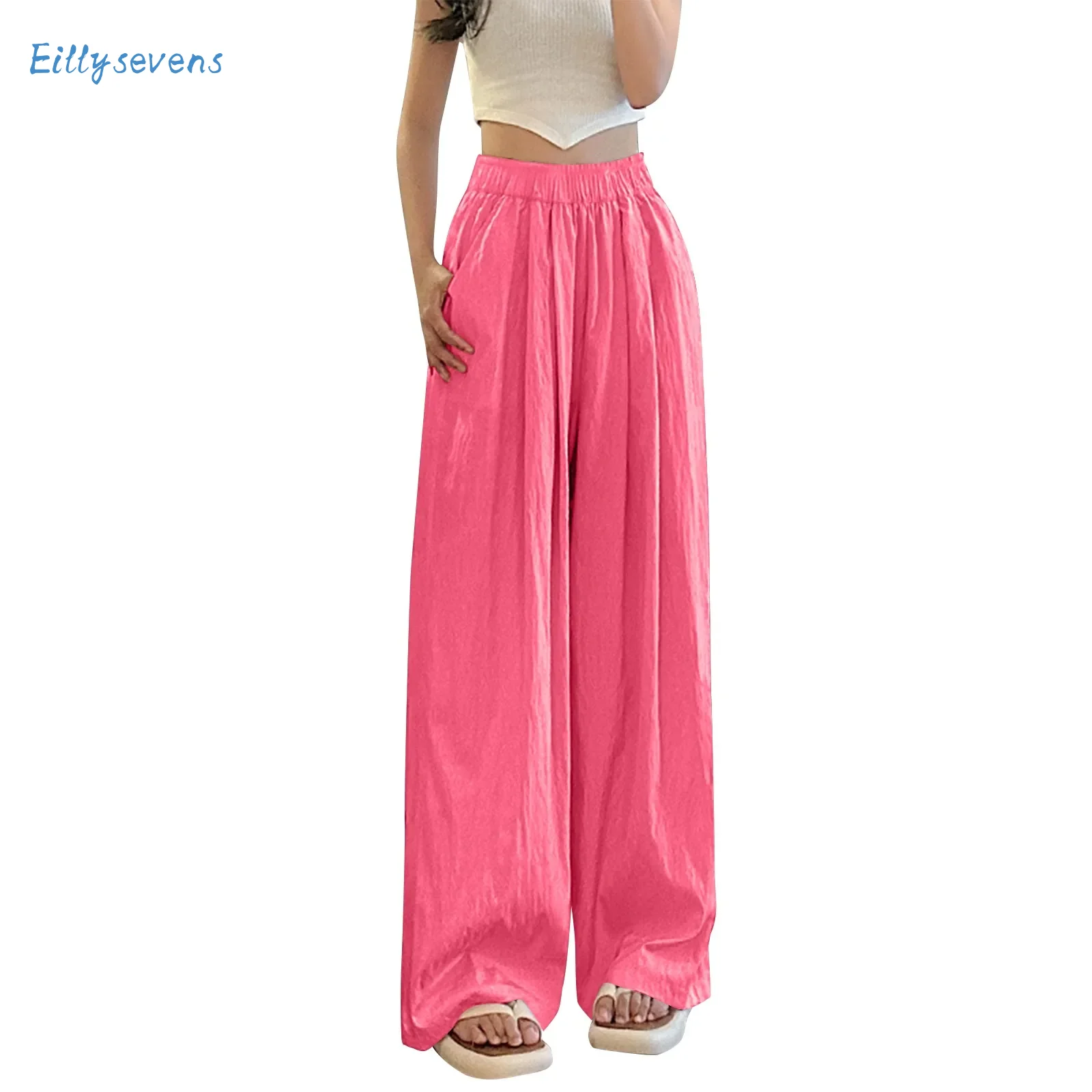 

Women'S Ice Silk Wrinkled Pants Summer New Comfortable Loose Solid Wide Leg Trousers Casual Elastic High Waist Matching Pants