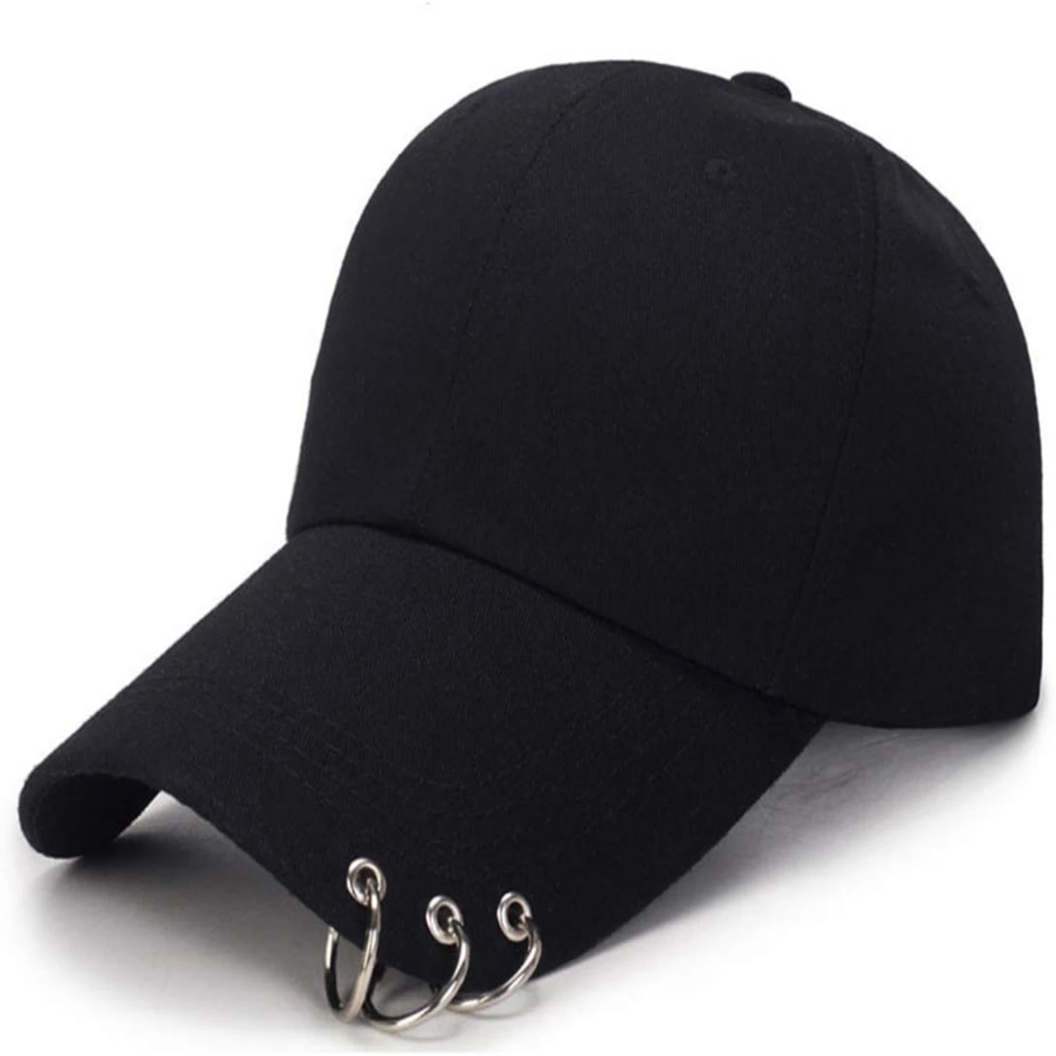 Unique and trendy black Kpop snapback baseball hat with modern and chic design, featuring stylish and trendy ornamental iron rin