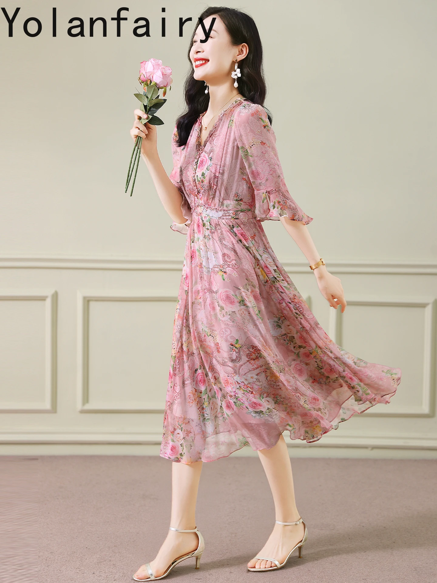 YOLANFAIRY 100% فساتين حرير التوت الأصلية فستان نسائي صيفي أنيق فاخر عالي الجودة فستان شاطئ ملابس نسائية رداء