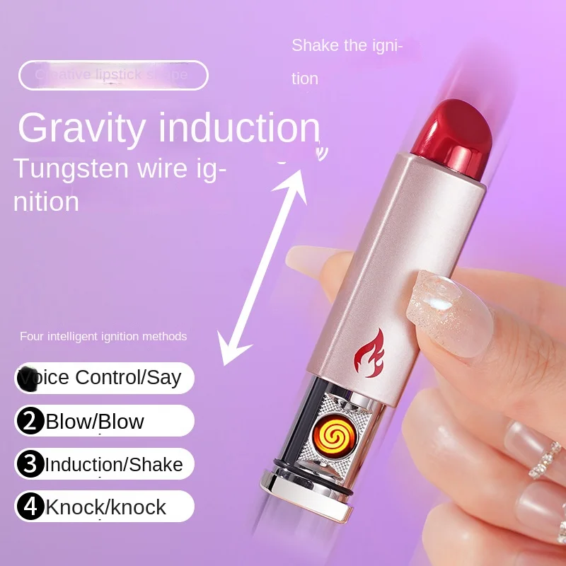 2024 Lipstick Styling Voice Controlled Lighter Gravity Sensing Tungsten Wire Ignition USB Lighter Women\'s Smoking Tool Gift