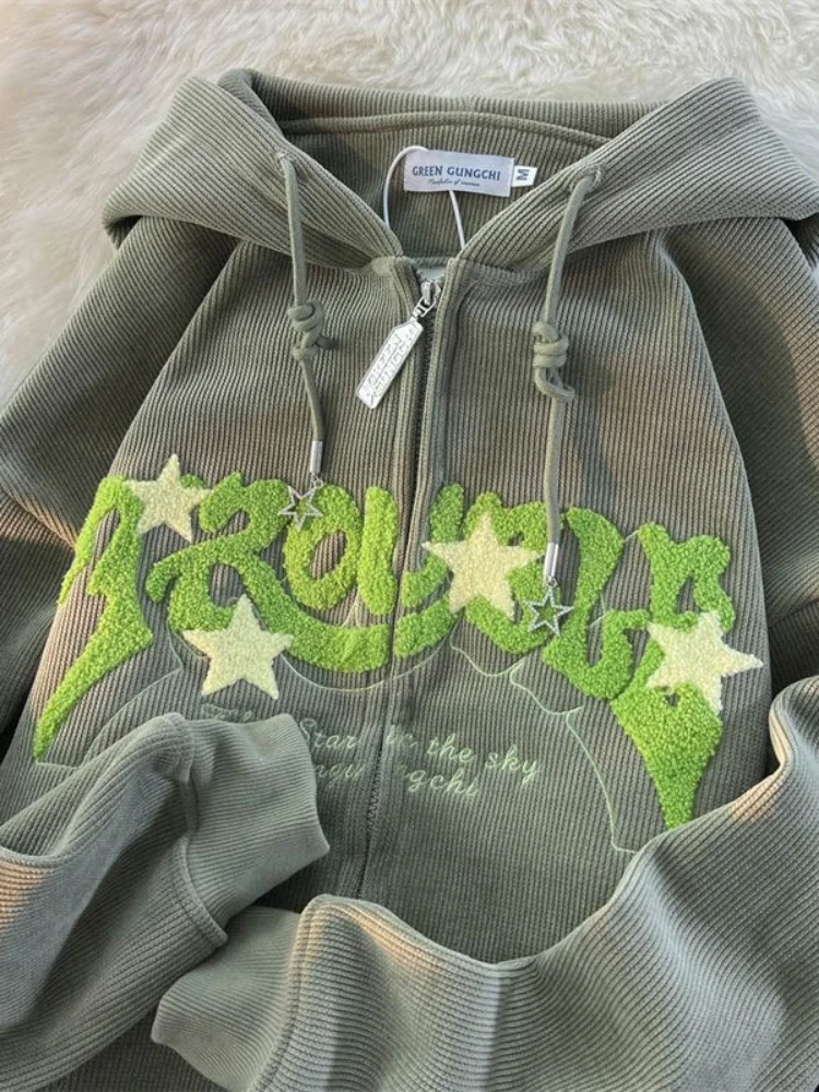 2024 Women American Retro Graphic Hooded Sweatshirts Vintage Streetwear Zip Up Tops Oversized Star Graphics Print Hoodies