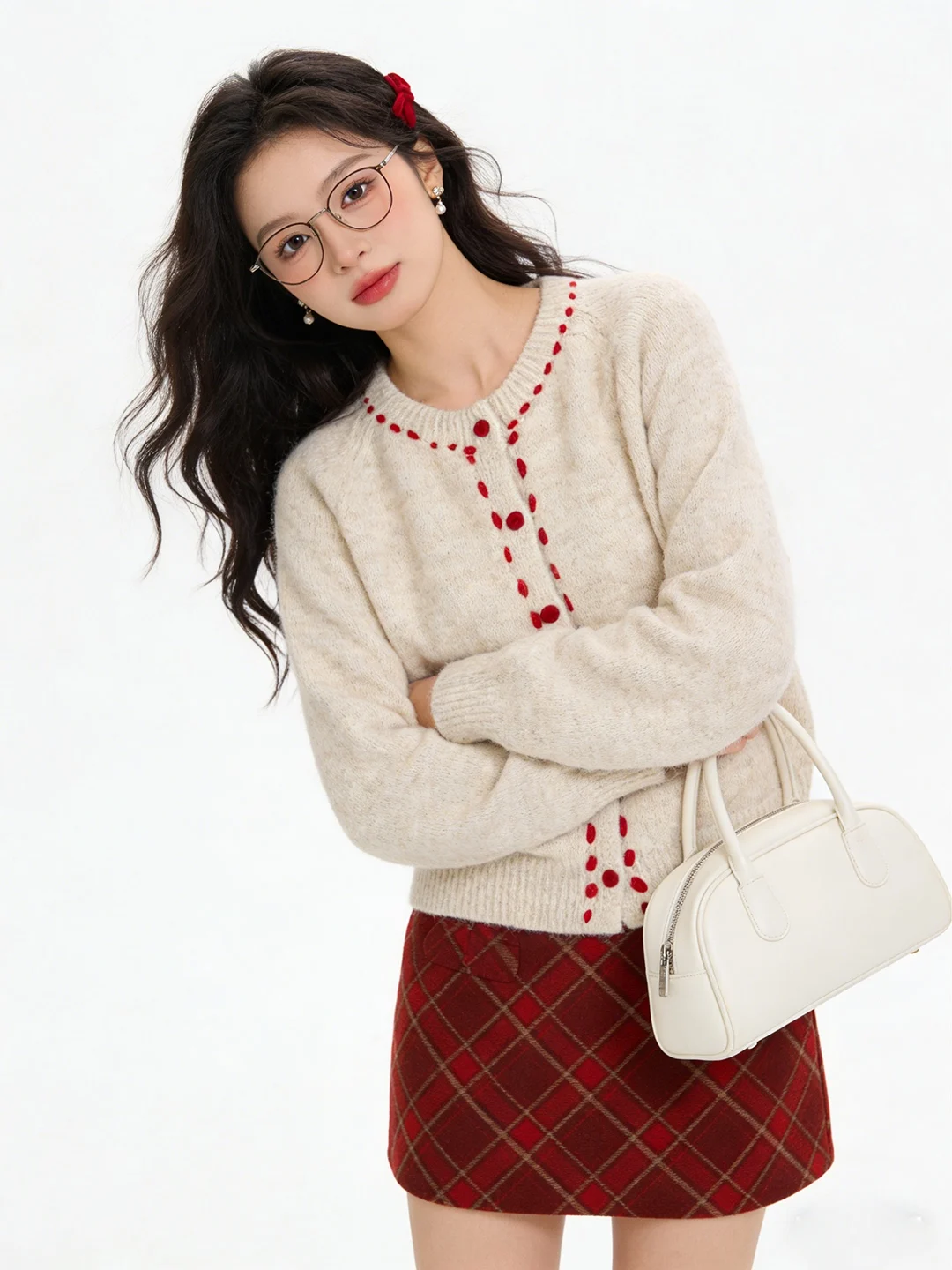 

Elegant Vintage Knitted Velvet Button Cardigan Soft Plushy Red Sweater Jacket Spring Commute Style Loose Fit Daily Wear