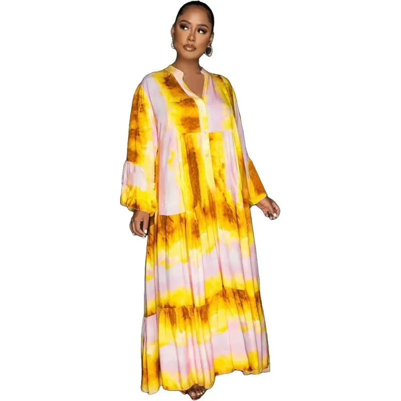 2024 Spring New Arrival African Women Long Sleeve V-neck Print Long Maxi Dress Dashiki African Dresses for Women Outfits Gowns