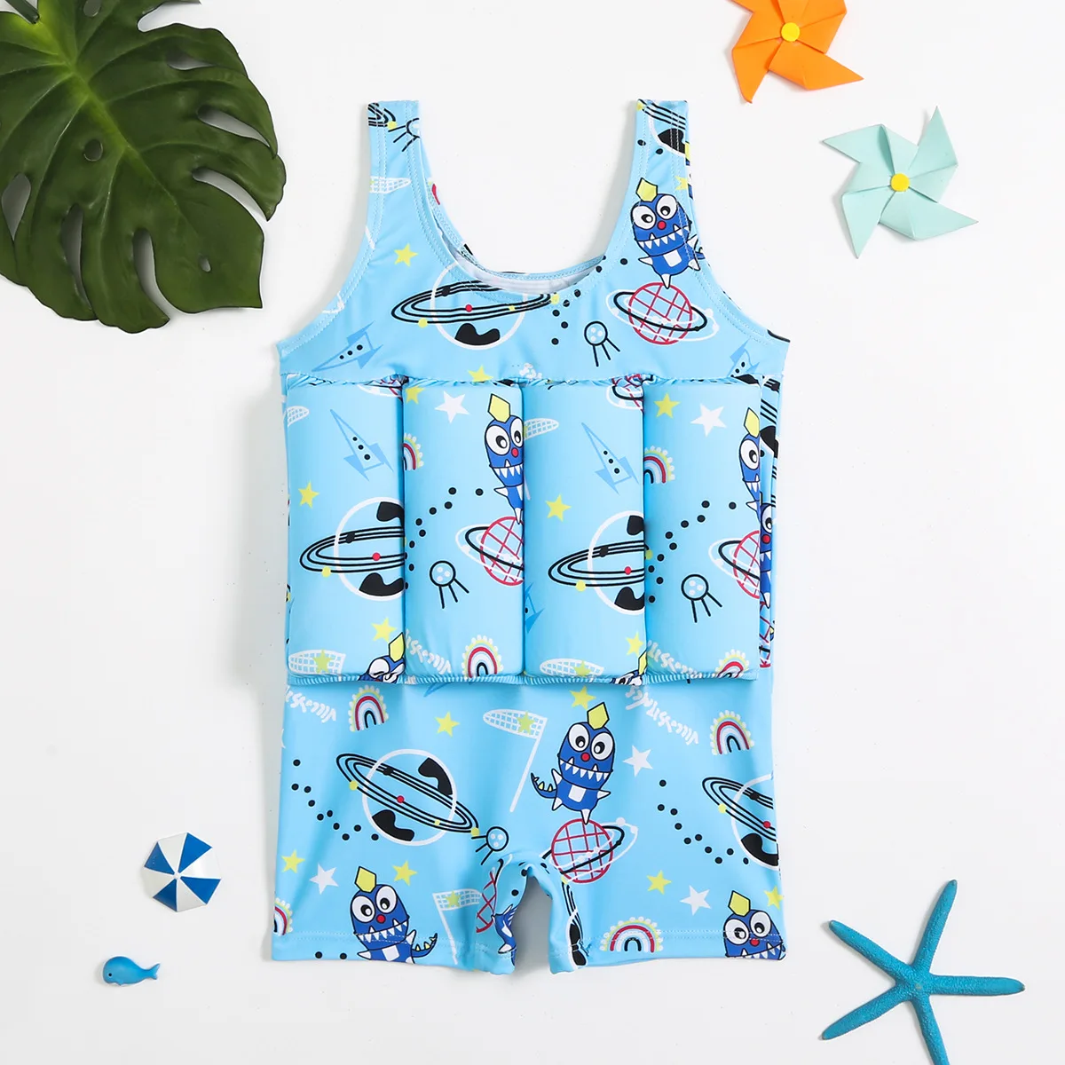 Summer Boys Floating Swimsuits Cartoon Animal Print Removable Buoyancy Float Swimwear Sun Protection Kids Bathing Suits Swimming