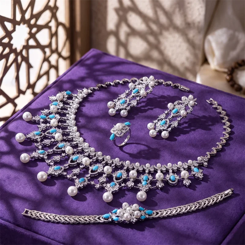 AAA Cubic Zirconia Turquoise Tassel Necklace Bracelet Earrings Ring Bridal Wedding Arabic Luxury Jewelry Sets Christmas Gift