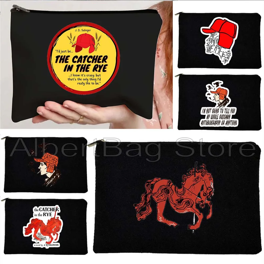 

The Catcher in the Rye Holden's Red Hunting Cap Red Fire Horse Book Gifts Canvas Cosmetic Makeup Toilet Bag Pencil Case Pouch