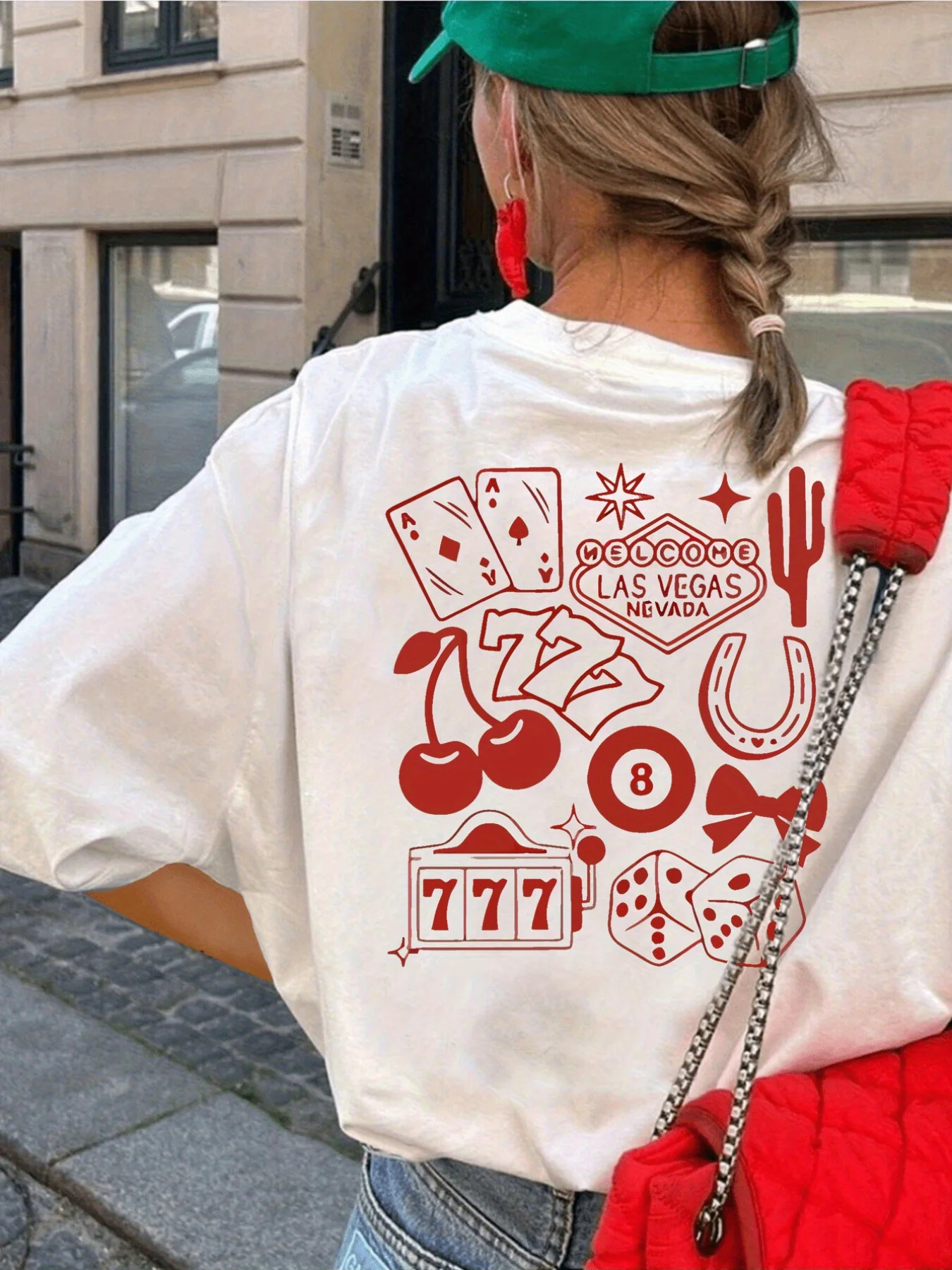 Camiseta gráfica "Bienvenido al Fabulous Las Vegas Nevada" para mujer, pantalón corto informal de manga con cuello redondo y ropa roja y negra