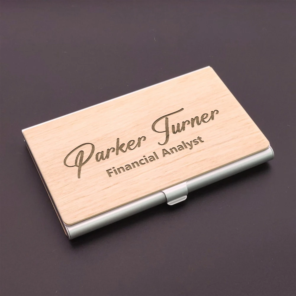 1PC Workplace Customized Text Occupation Laser Dark walnut color Wooden Ornament Business card holder For Office Supplies