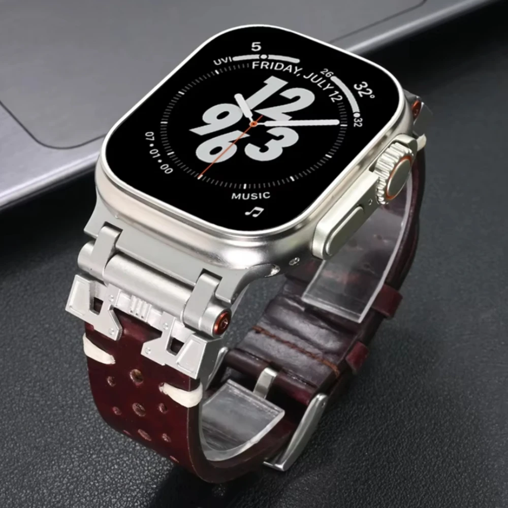 

Leather Men Band for Apple Watch 10 46mm Ultra 2 49mm Stainless Steel Connector Bracelet for Iwatch 9 8 7 6 5 Se 44mm 45mm Strap