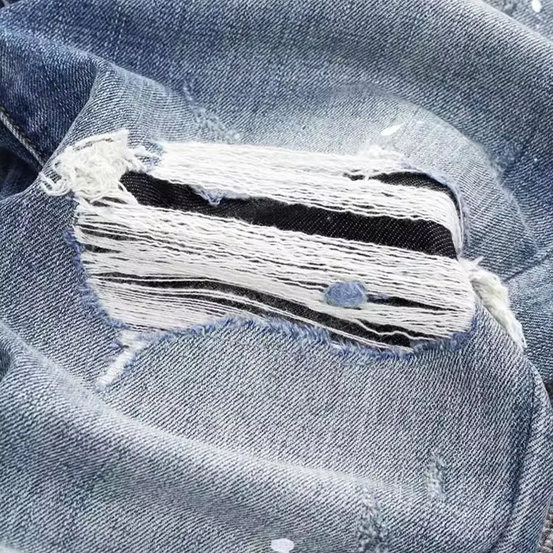 High Street Fashion Men Jeans Retro Blue Elastic Slim Fit Hole Ripped Jeans Men Painted Printed Designer Hip Hop Denim Pants