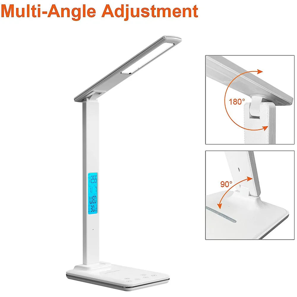 Wireless Charging USB LED Desk Lamp With Calendar Temperature Alarm Clock Eye Protect Study Reading   Business Light Table Lamp