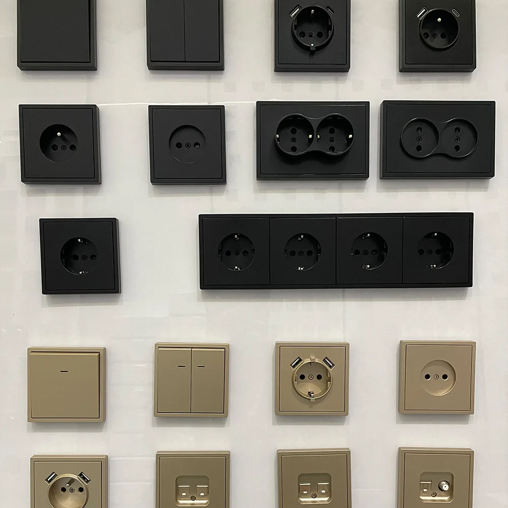80*80mm European standard round base, golden matte high-quality PC flat panel, household wall switch socket series