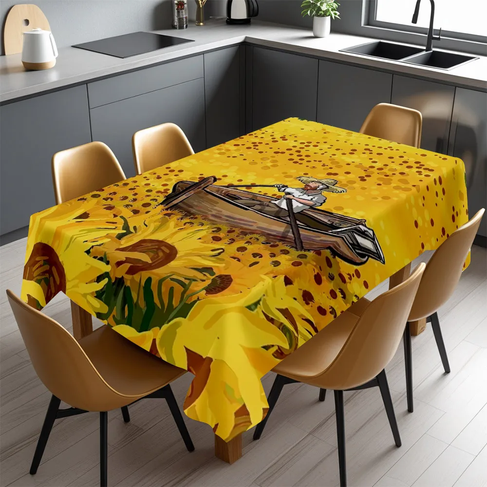 Van Gogh Sunflower Tablecloth, Yellow Base With Boat Man Art Print, Rectangular Table Cover for Art Studio & Home Table Decor