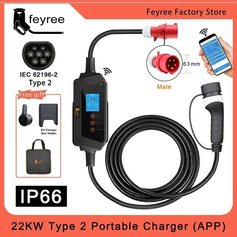 feyree 22KW 32A 3Phase Type2 Portable EV Charger Wi-Fi APP Control EVSE Charging Box Charging Station for Electric Car Charger