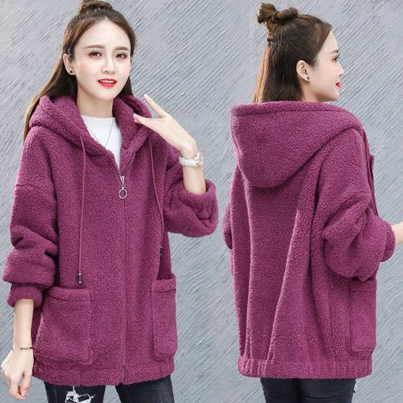 Fashion Casual Lamb Wool Coat Women's Autumn Winter Jackets Stitching Hooded Zipper Ladies Sweater Coat Women Clothing Cardigan