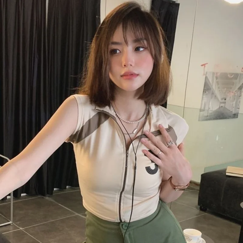 T-Shirts Women Summer Crop Tops Slim Patchwork Sleeveless Classic Stylish All-match Korean Style Popular Hot Girls Chic Zipper