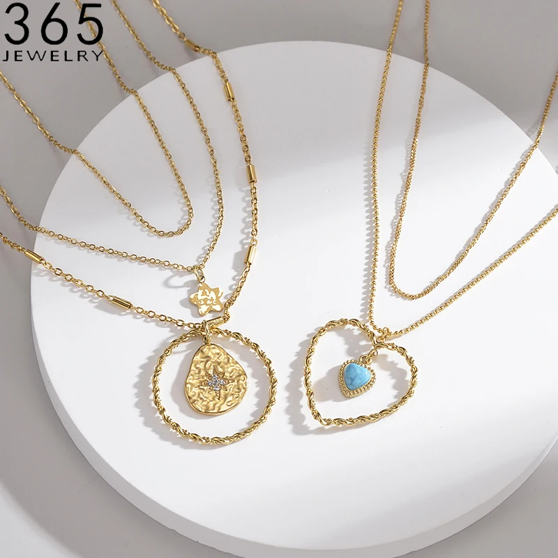 New Popular Blue Heart Double-layer Stainless Steel Chain Necklace for Women Gold Color Pendant Choker Fashion Wedding Jewelry