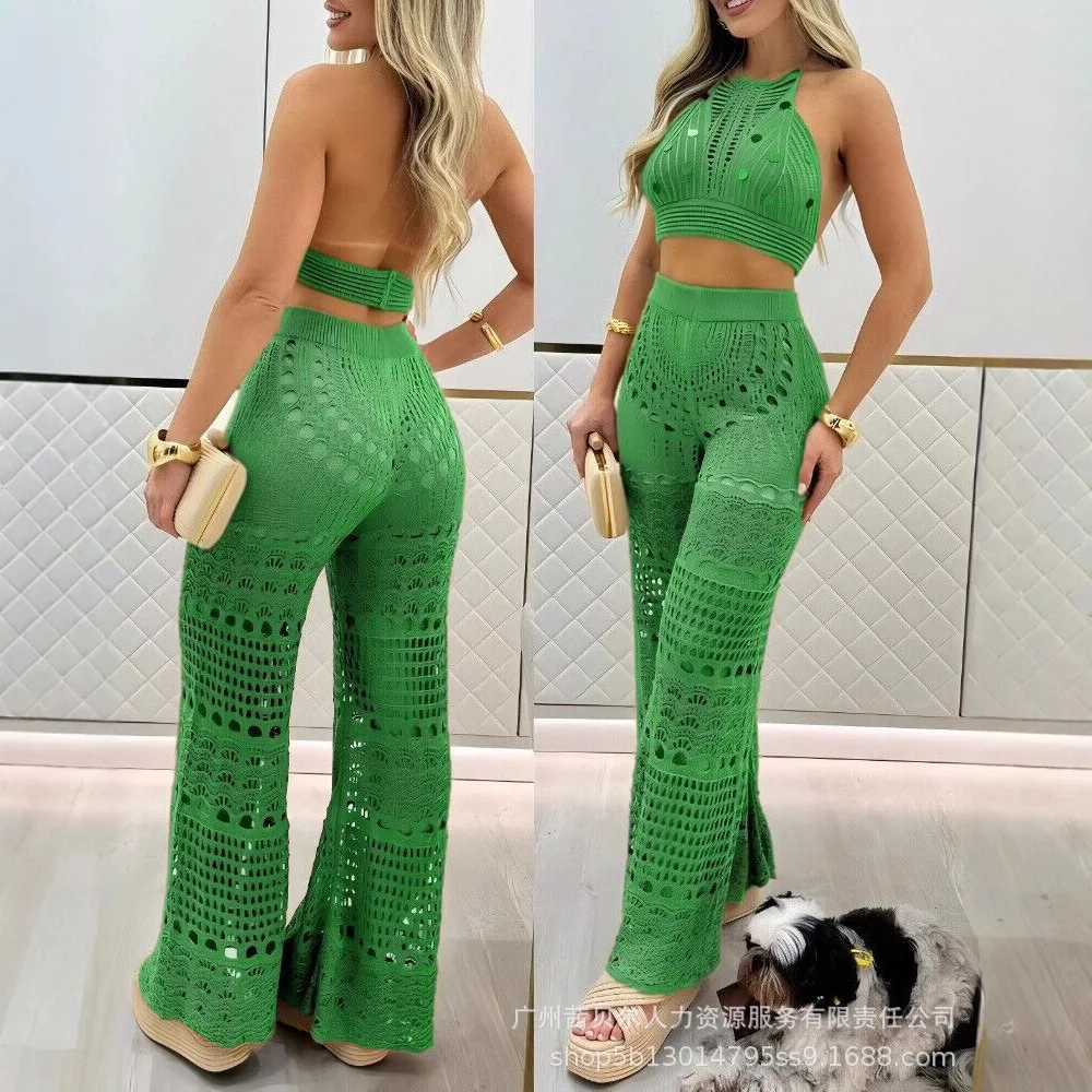 바지 세트 여성 두 조각 세트 등받이 매칭 세트 짧은 탑 비치 니트 속이 빈 넓은 다리 긴 바지 높은 허리 여름